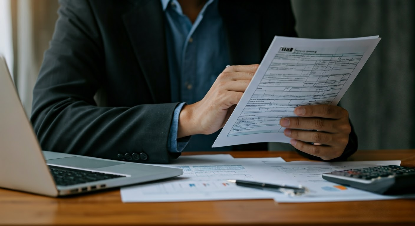  A close-up of a business owner reviewing tax documents with a calculator, focusing on Section 179 deductions for vehicle purchases.