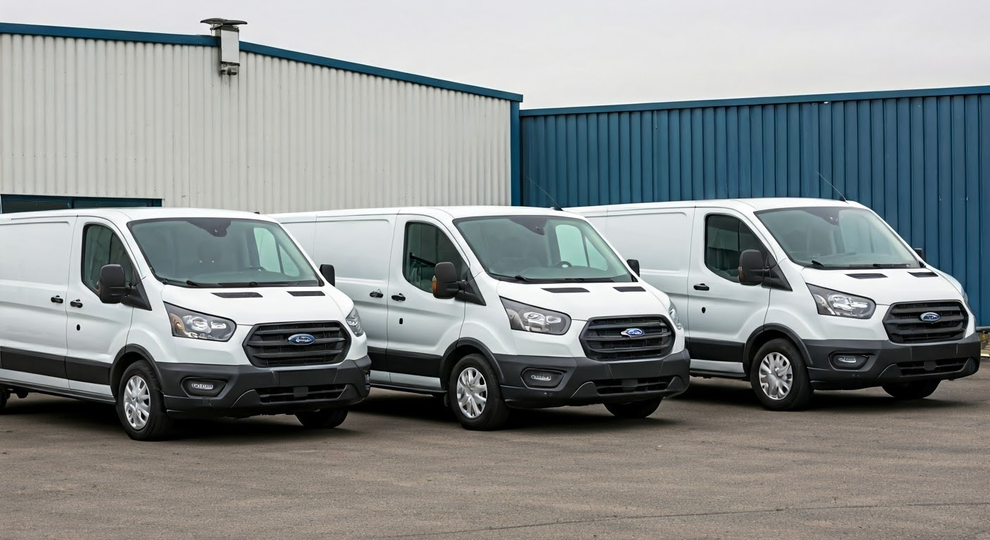 A fleet of heavy-duty vehicles, each weighing over 6000 pounds, parked outside a print and delivery firm’s office