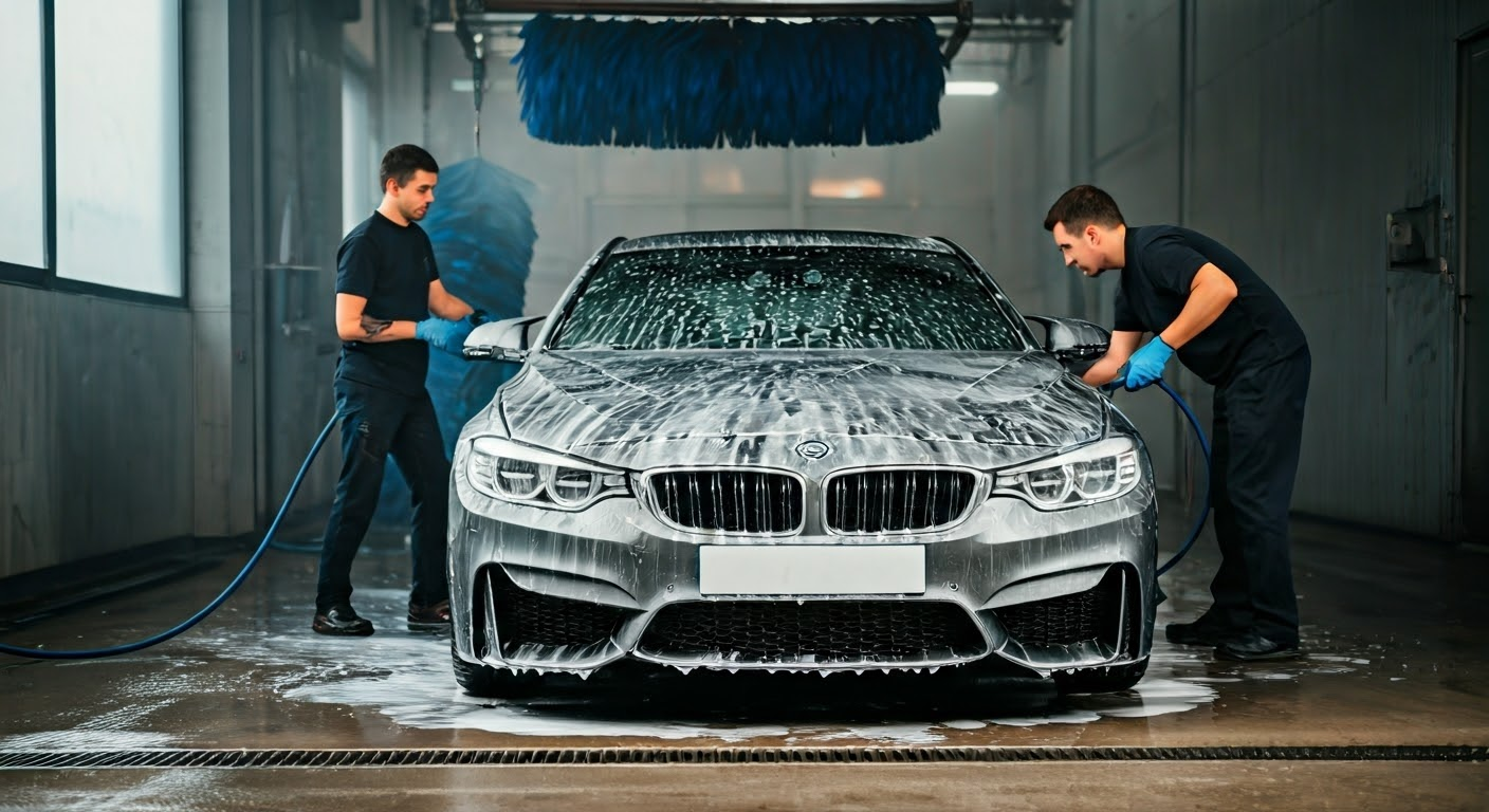 Car wash workers cleaning a car over 6000 pounds