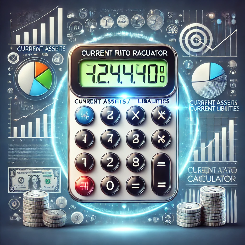 Digital calculator displaying the current ratio formula, surrounded by financial icons like bar graphs and pie charts