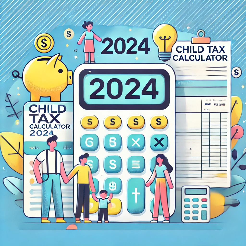 Calculator showing 2024 with icons of a piggy bank, child with parents, and tax documents in a bright, cheerful design