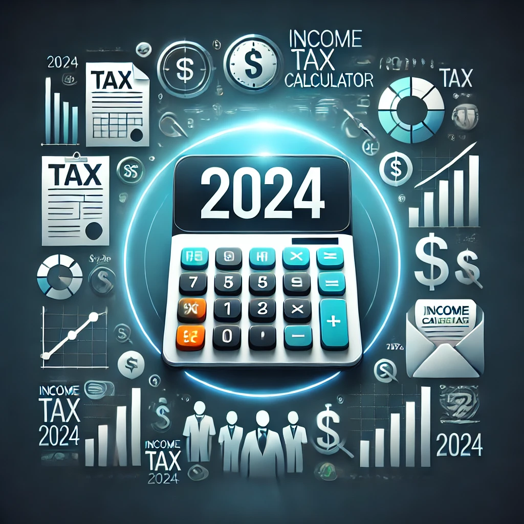 Modern calculator displaying 2024 with icons of tax documents, dollar sign, and bar graphs on a sleek blue and green background